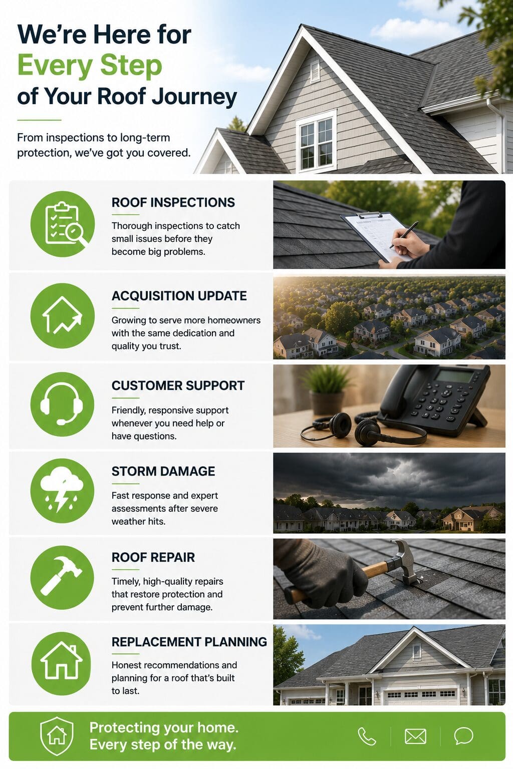Roofing services infographic showing roof inspections, company growth, customer support, storm damage, roof repair, and replacement planning for homeowners.