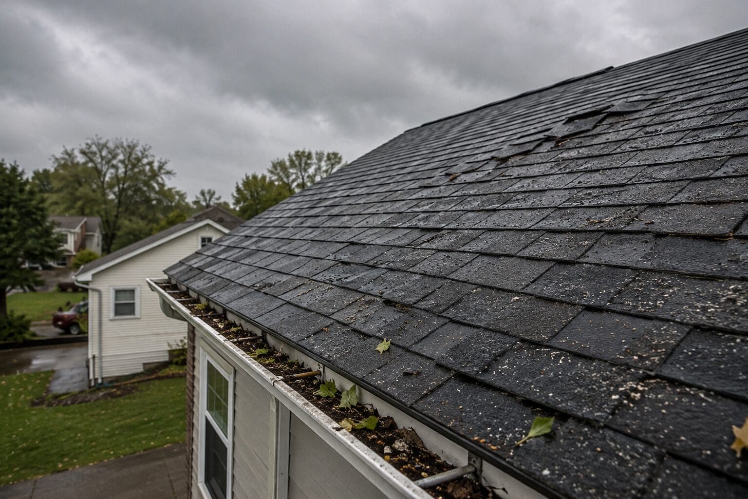 Wet residential asphalt shingle roof after a storm with light gutter debris, lifted shingles, and subtle wind and hail damage under a cloudy sky.