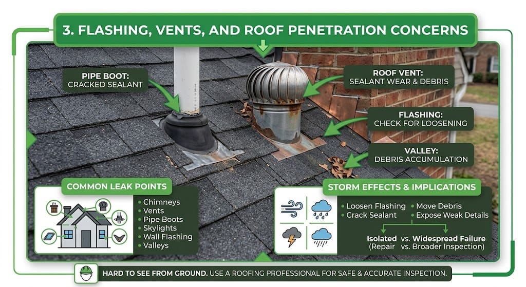An infographic framed in green, titled "3. FLASHING, VENTS, AND ROOF PENETRATION CONCERNS." The central visual is a close-up photograph of an asphalt shingle roof with integrated callout labels and text boxes.