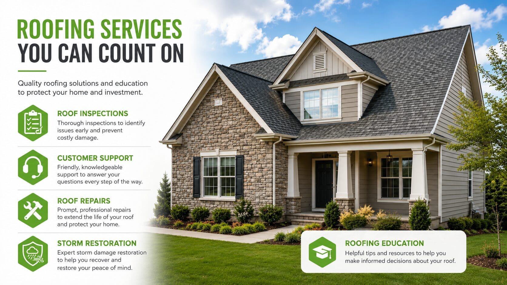 Roofing services infographic with a residential asphalt shingle home and green icons for roof inspections, customer support, roof repairs, storm restoration, and roofing education.