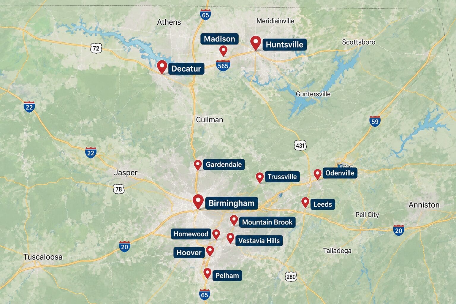 Map showing Birmingham, Hoover, Vestavia Hills, Mountain Brook, Homewood, Trussville, Odenville, Leeds, Huntsville, Madison, and Decatur AL for fall roof maintenance and seasonal temperature changes.