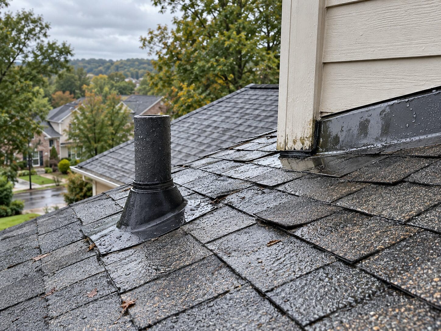 Birmingham AL asphalt shingle roof after fall rain with damp shingles, pipe boot, flashing stains, and slightly lifted shingle edges.