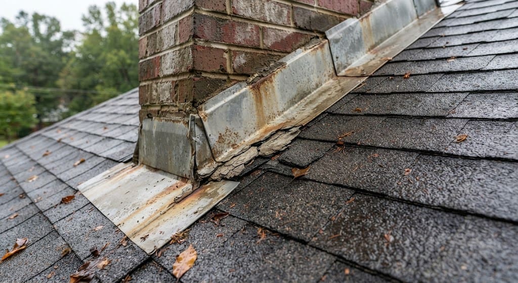 Close-up of damaged chimney flashing on an asphalt shingle roof showing rust, cracked sealant, and water stains