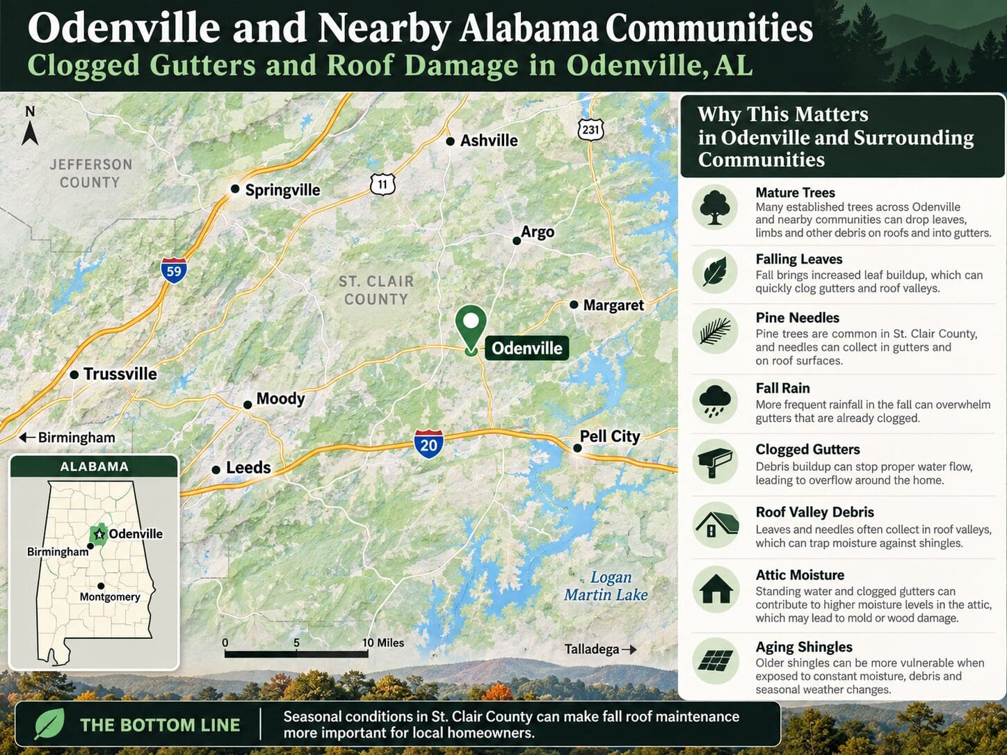 Map showing Odenville, Margaret, Argo, Moody, Springville, Ashville, Leeds, Trussville, and Pell City AL for fall roof and gutter maintenance.