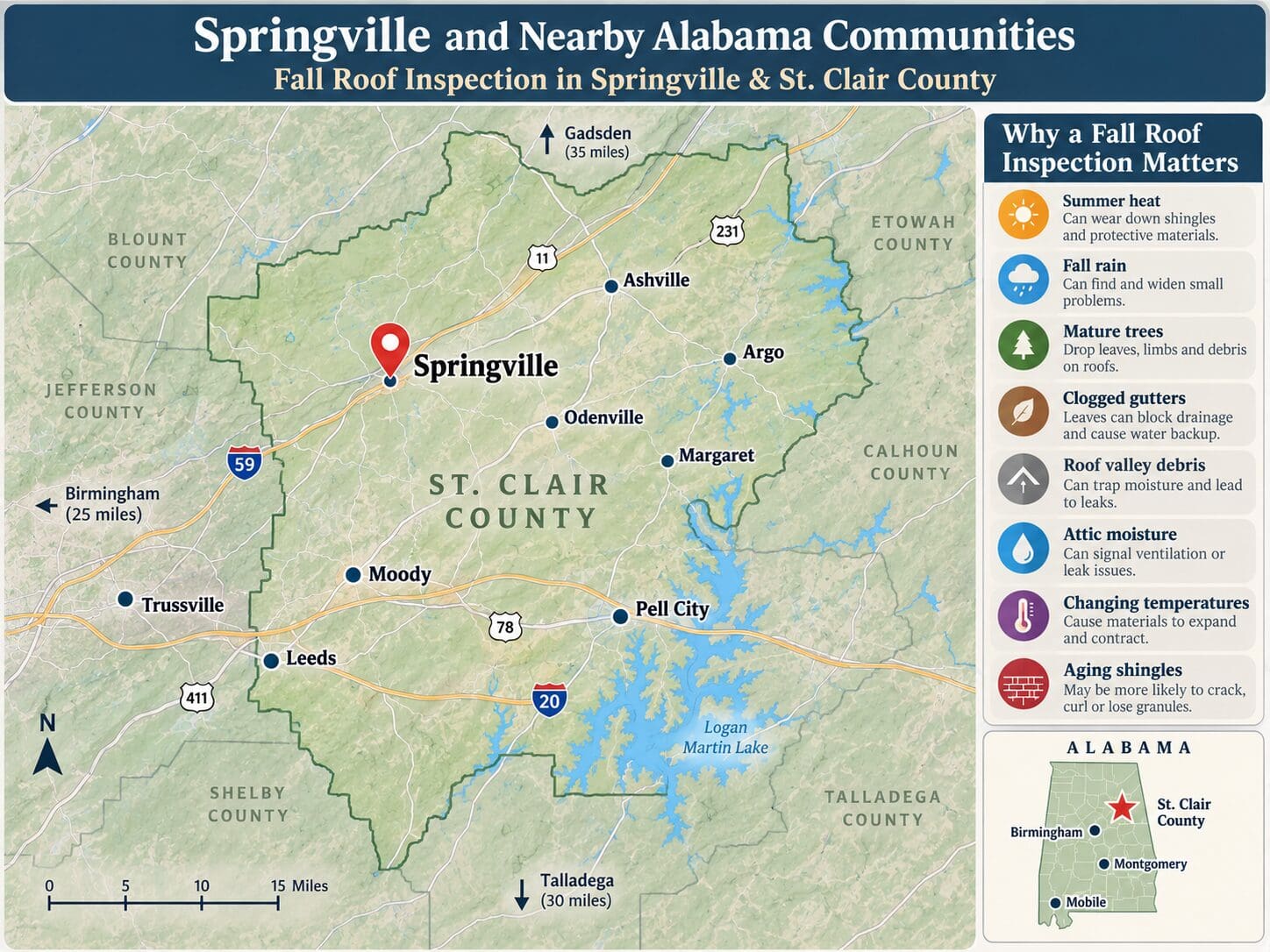 Map showing Springville, Odenville, Ashville, Moody, Argo, Margaret, Pell City, Leeds, and Trussville AL for fall roof inspection and seasonal maintenance in St. Clair County.