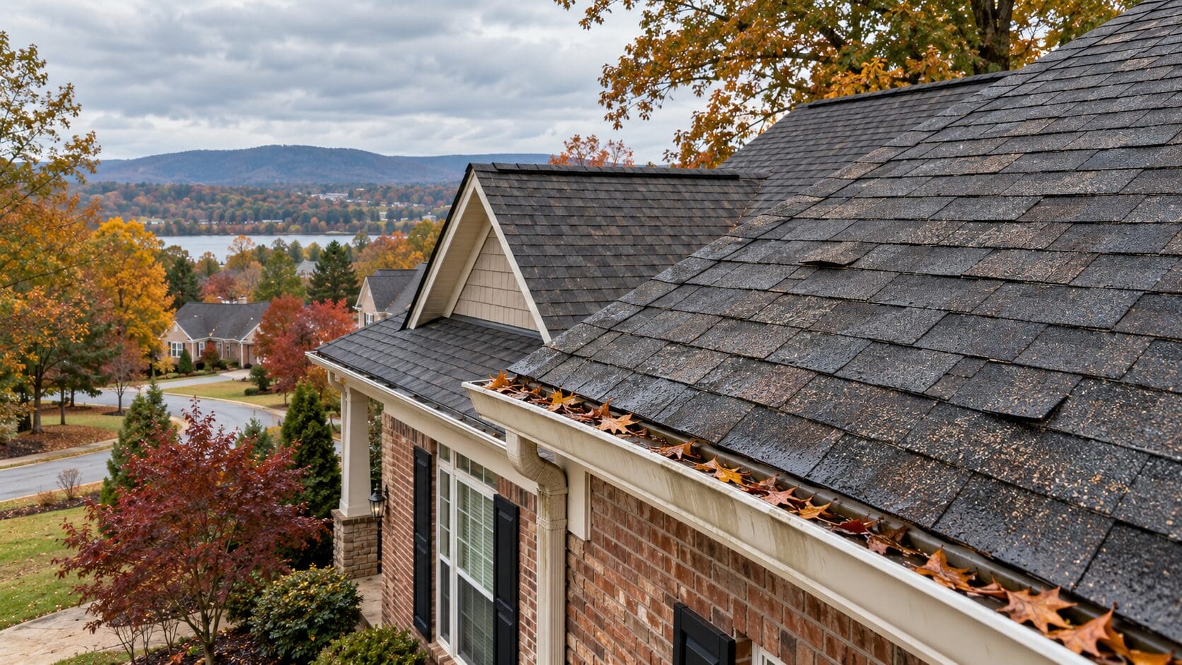 49cb57d2-1b62-48d0-8cb8-82c552af0e19 Huntsville AL asphalt shingle roof in early fall with damp shingles, minor granule loss, slightly lifted shingles, gutter debris, and light roof-edge staining after rain.