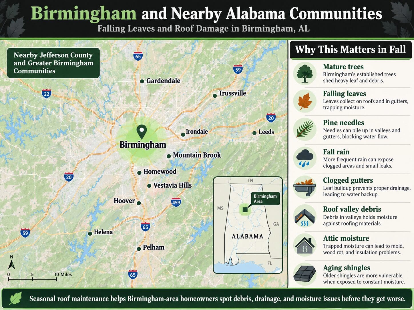 Map showing Birmingham, Hoover, Vestavia Hills, Mountain Brook, Homewood, Trussville, Irondale, Leeds, Gardendale, Pelham, and Helena AL for fall roof maintenance.