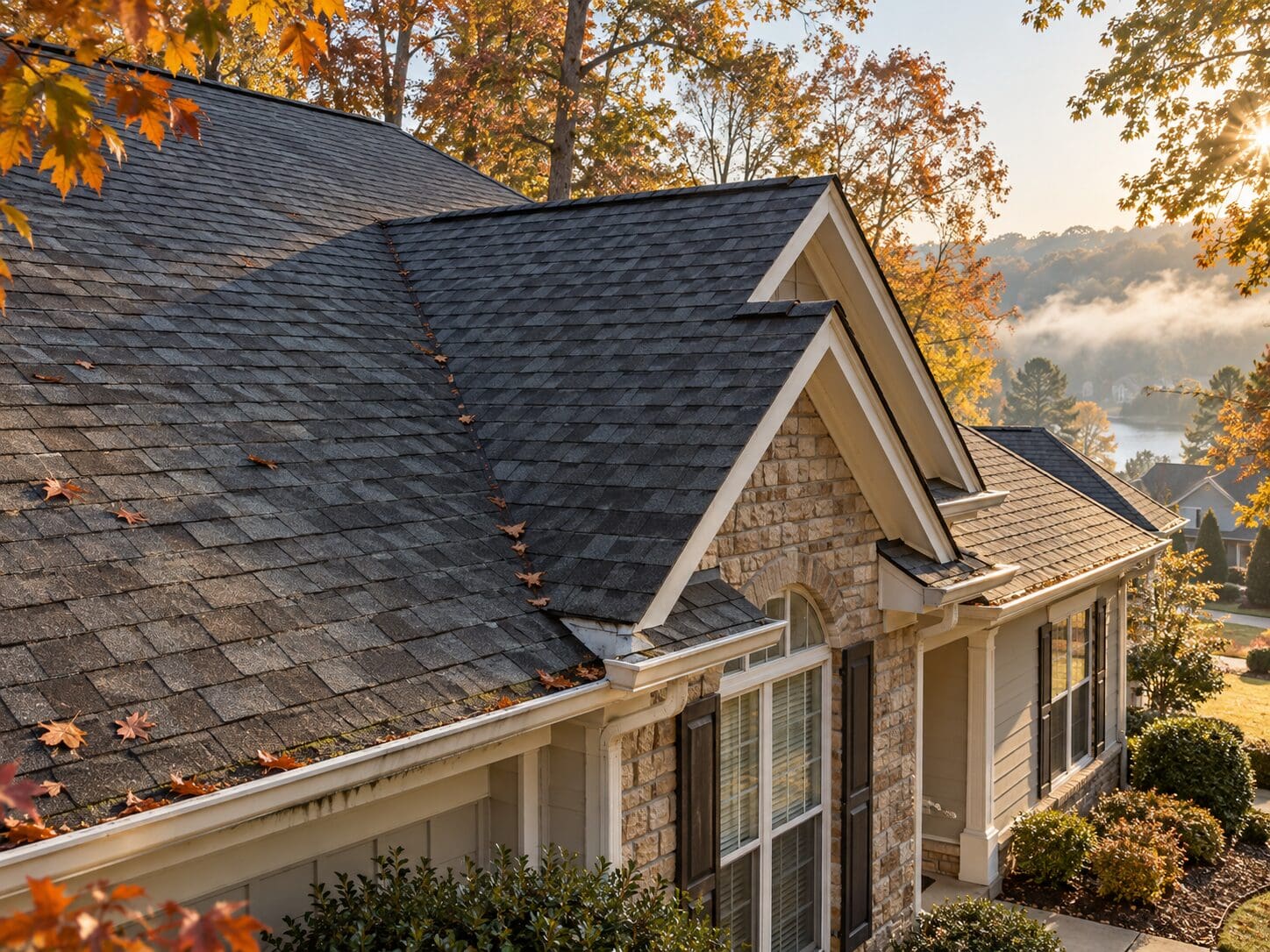 Alabama home with an asphalt shingle roof in fall showing light leaf debris, subtle shingle wear, damp shaded areas, and minor roof-edge staining in soft golden daylight.
