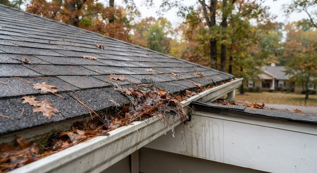 Close-up of a residential gutter heavily clogged with wet autumn leaves, pine needles, and debris, causing water overflow and fascia staining on an asphalt shingle roof.