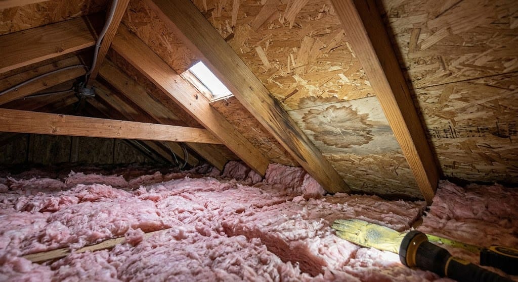 "Interior view of an attic with pink insulation, wooden trusses, a roof vent, and a noticeable water stain on the OSB sheathing indicating a leak.