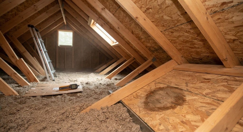 Attic inspection showing roof rafters, OSB decking, loose-fill insulation, and a moisture stain on the wood surface.
