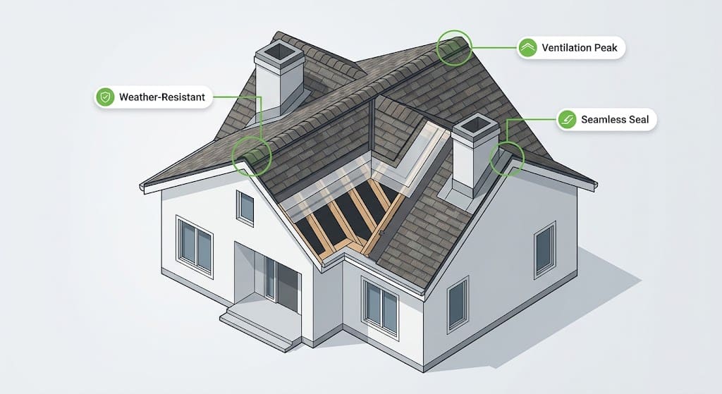 Isometric house infographic illustrating a new roof with an attic cutaway showing rafters and sheathing.