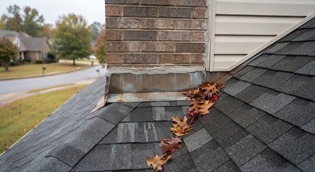 Close-up of residential roof chimney flashing showing signs of failure, with visible cracks in the aged metal and water staining on the asphalt shingles below. A blurred suburban street is in the background