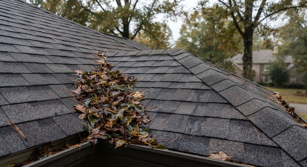 Close-up of a residential asphalt shingle roof valley clogged with wet autumn leaves and pine needles, requiring cleaning