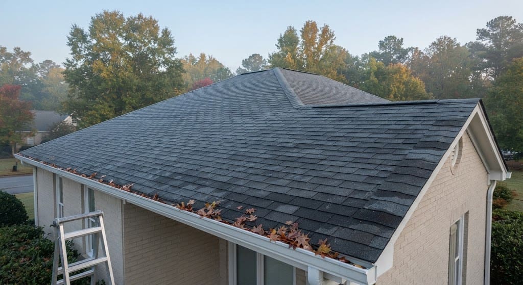 Aerial view of a residential asphalt shingle roof on a brick home with gutters full of dry autumn leaves, indicating a need for cleaning. A ladder is visible on the left