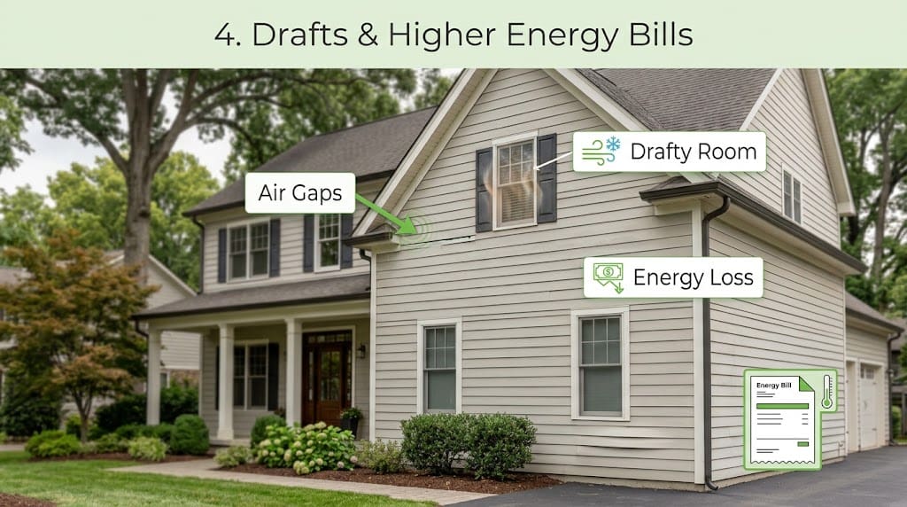 Drafts and high energy bills infographic featuring a suburban house.