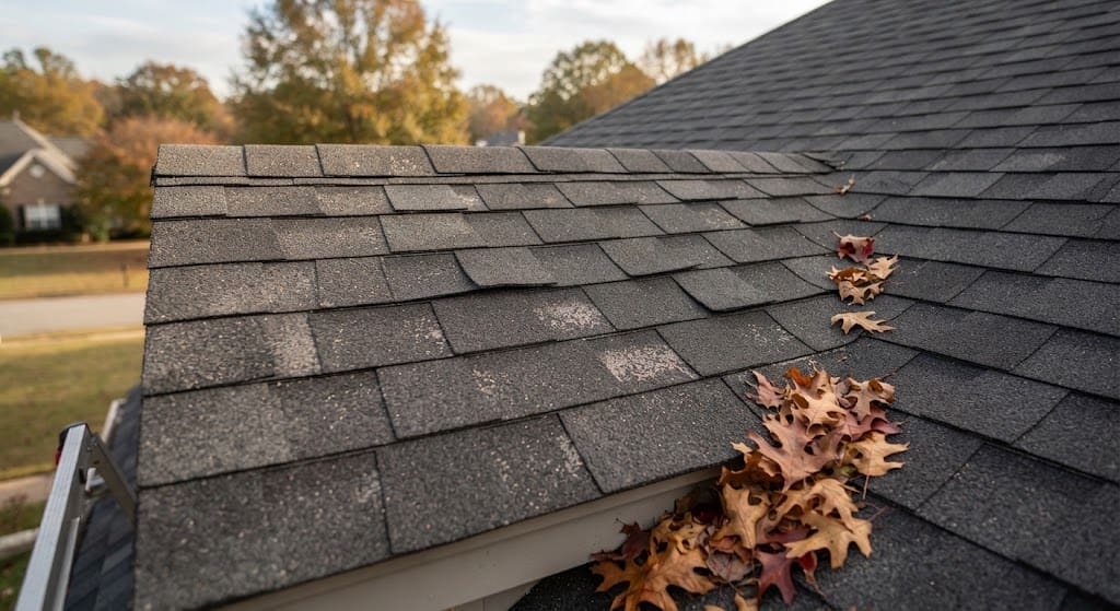 Close-up of a dark asphalt shingle roof section with granule loss and a pile of dry autumn oak leaves in the valley, set against a blurred suburban background
