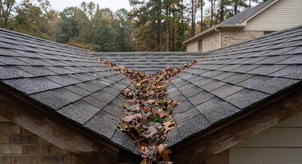 Close-up of a residential asphalt shingle roof valley heavily clogged with wet autumn leaves and pine needles, indicating a need for cleaning