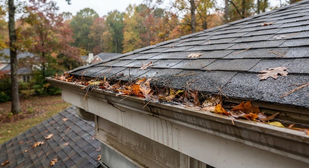 Close-up of a residential gutter heavily clogged with wet autumn leaves, pine needles, and debris, causing water overflow and staining on the white fascia