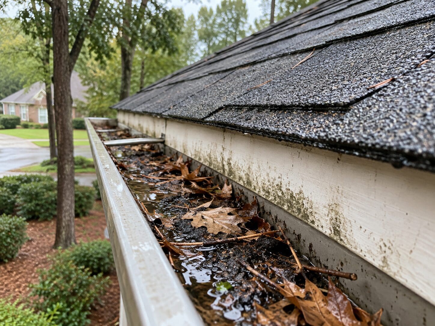 Birmingham AL roof gutter with wet leaves, twigs, shingle granules, and light fascia staining showing drainage issues after rain.