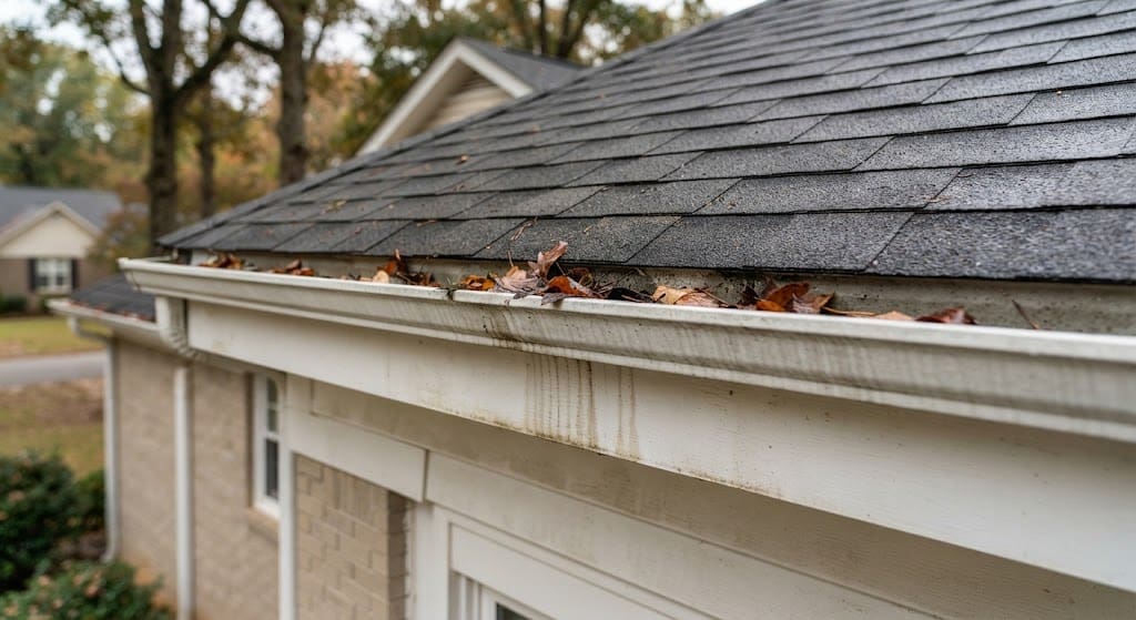 Close-up of a residential gutter heavily clogged with wet autumn leaves and debris, causing water overflow stains on the white fascia board
