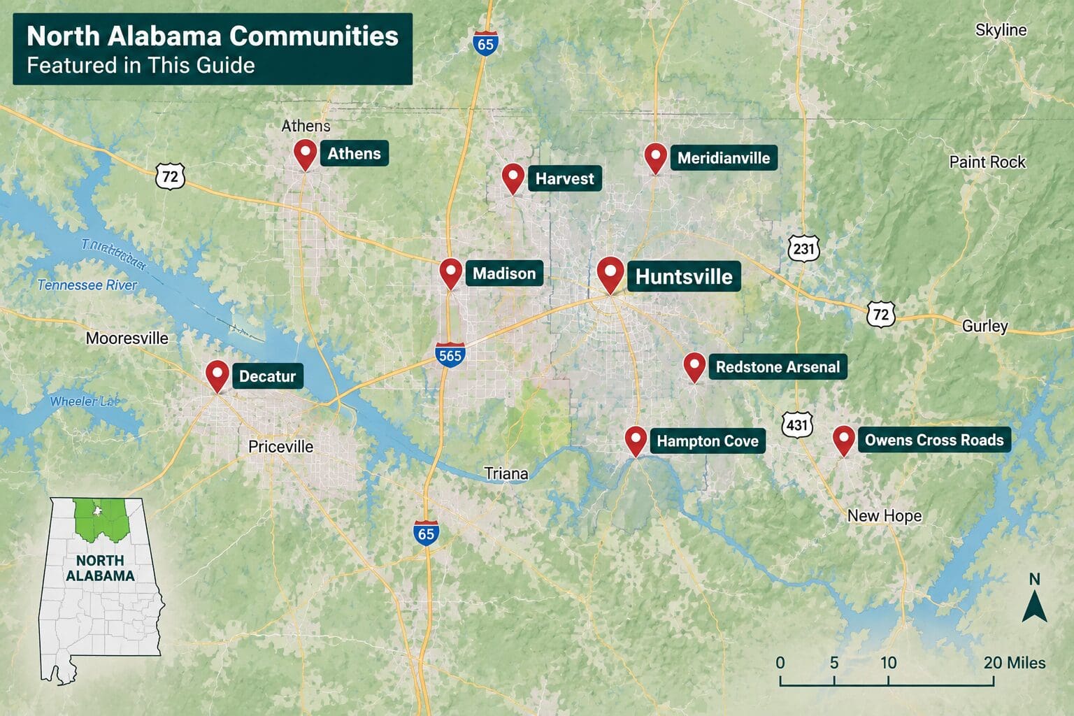 Map showing Huntsville, Madison, Meridianville, Harvest, Owens Cross Roads, Hampton Cove, Redstone Arsenal, Decatur, and Athens AL for fall roof maintenance before winter.