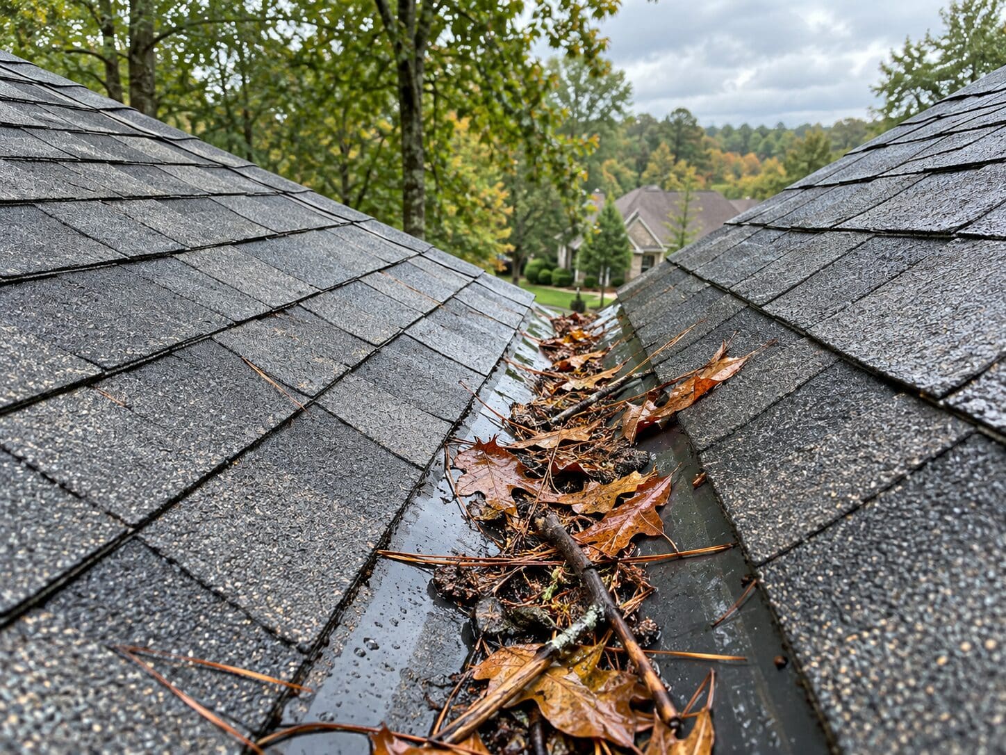 Trussville AL asphalt shingle roof valley with wet fall leaves, pine needles, twigs, and debris affecting drainage after rain