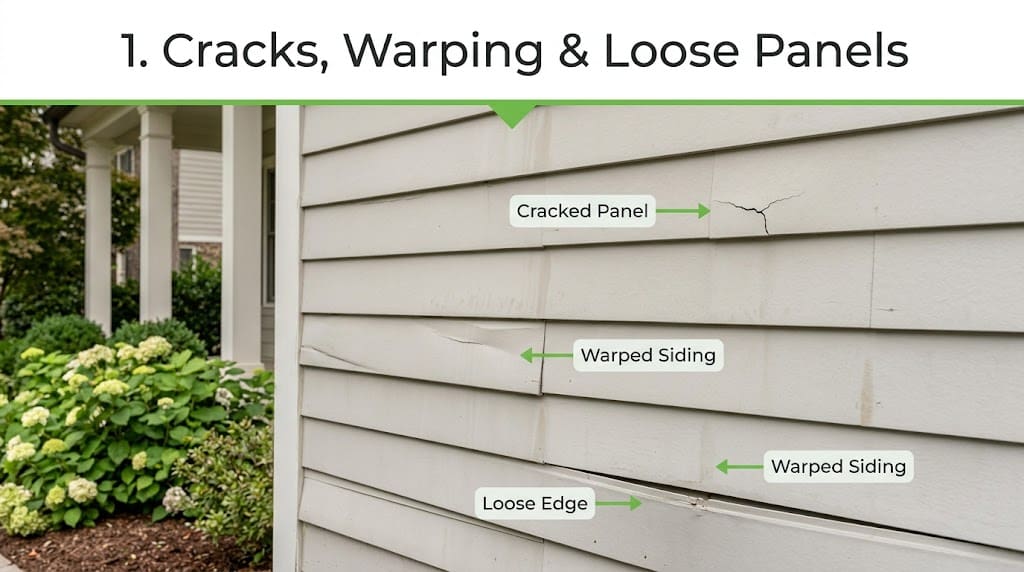 Close-up view of house siding with cracks, warping, and loose panels.