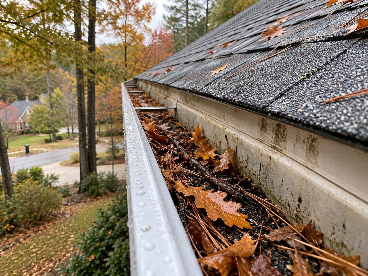 Trussville AL roof gutter with wet fall leaves, pine needles, twigs, shingle granules, and light fascia staining after rain.