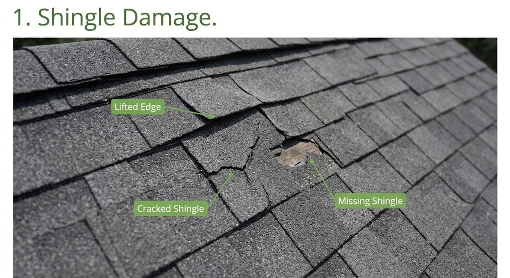 Damaged asphalt roof shingles with cracks, missing sections, and lifted edges, requiring inspection and repair.