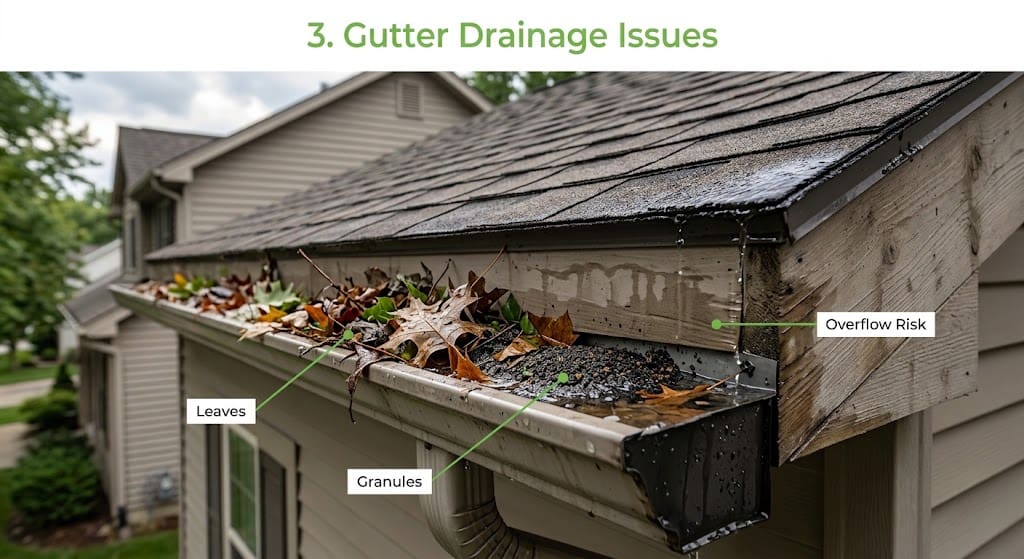 Clogged gutters with leaves and granules, water overflowing.