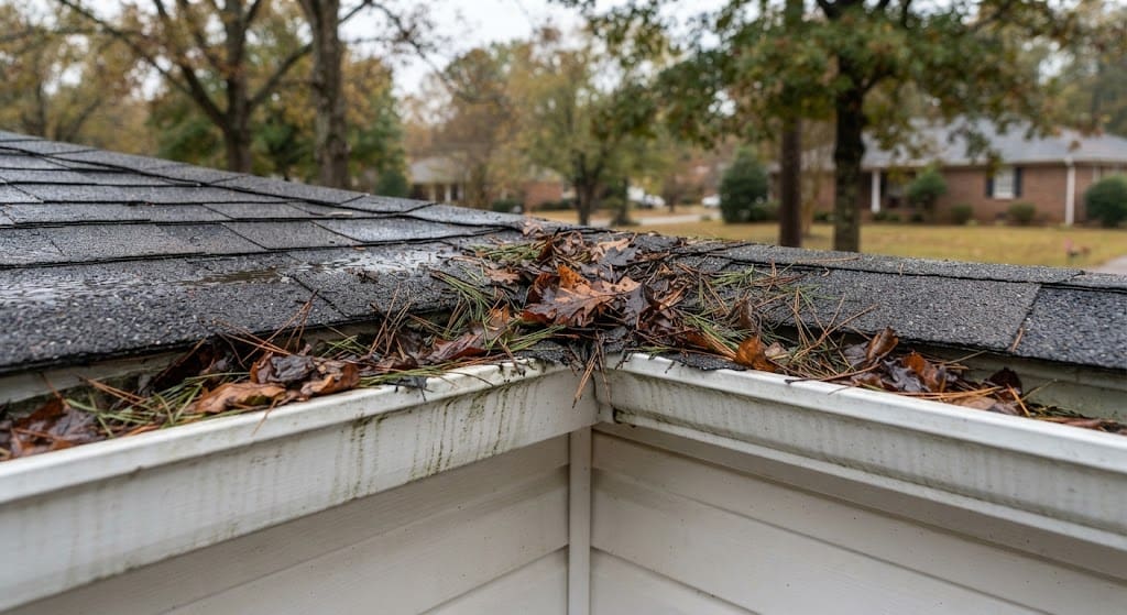 Close-up of a residential asphalt shingle roof corner with gutters heavily clogged by wet autumn leaves and pine needles, indicating a need for cleaning.